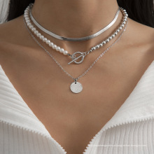 simplicidade OT fivela colar de pérolas gargantilhas para mulheres, colar personalizado com corrente de cobra com charme multicamadas